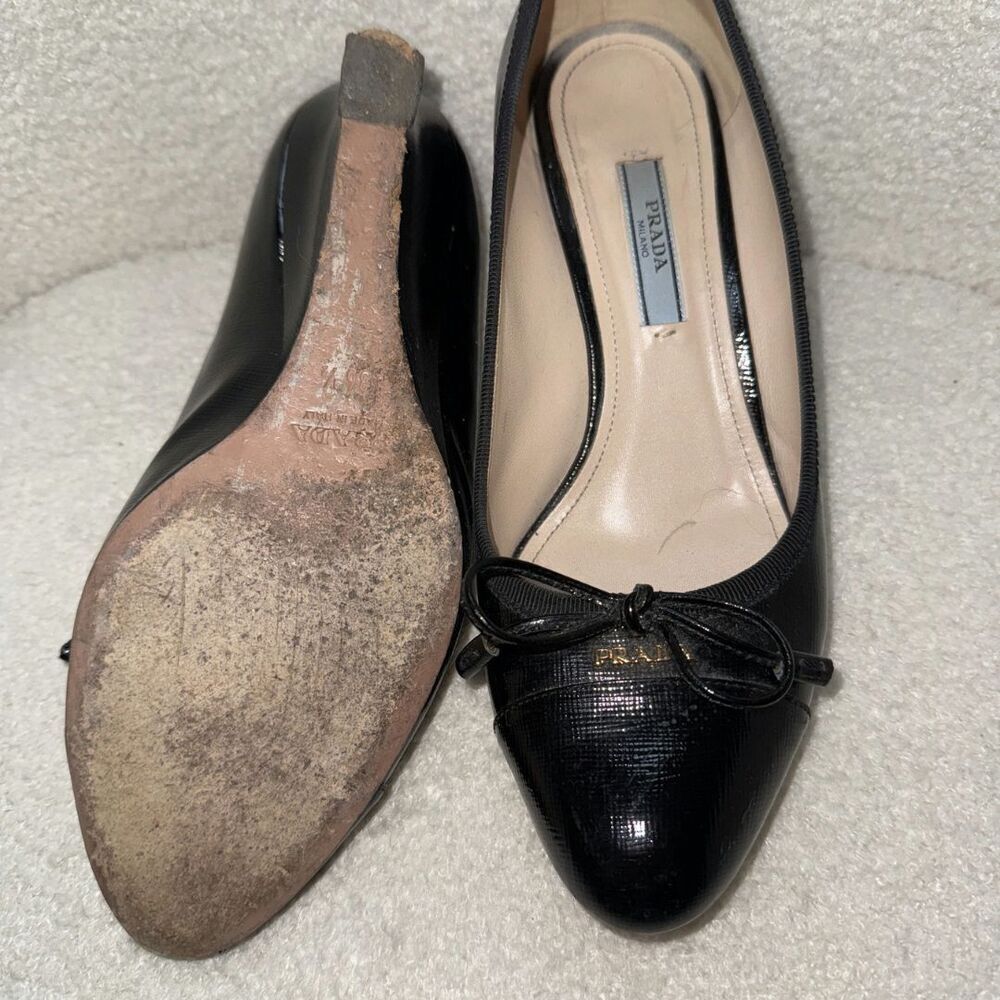 PRADA SAFFIANO Leather Logo Bow Tie Wedges - Picture 6 of 8